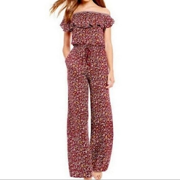 Chelsea & Violet Pants - Chelsea & Violet Off Shoulder Ruffle Floral Jumpsuit Women size S